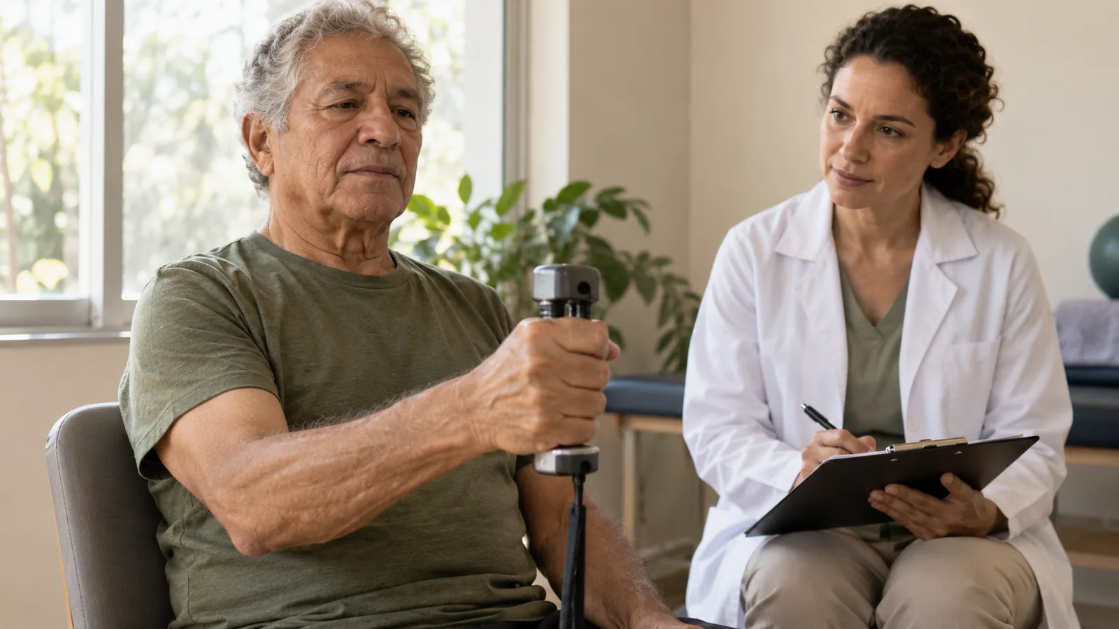 Older adult completing a grip strength assessment