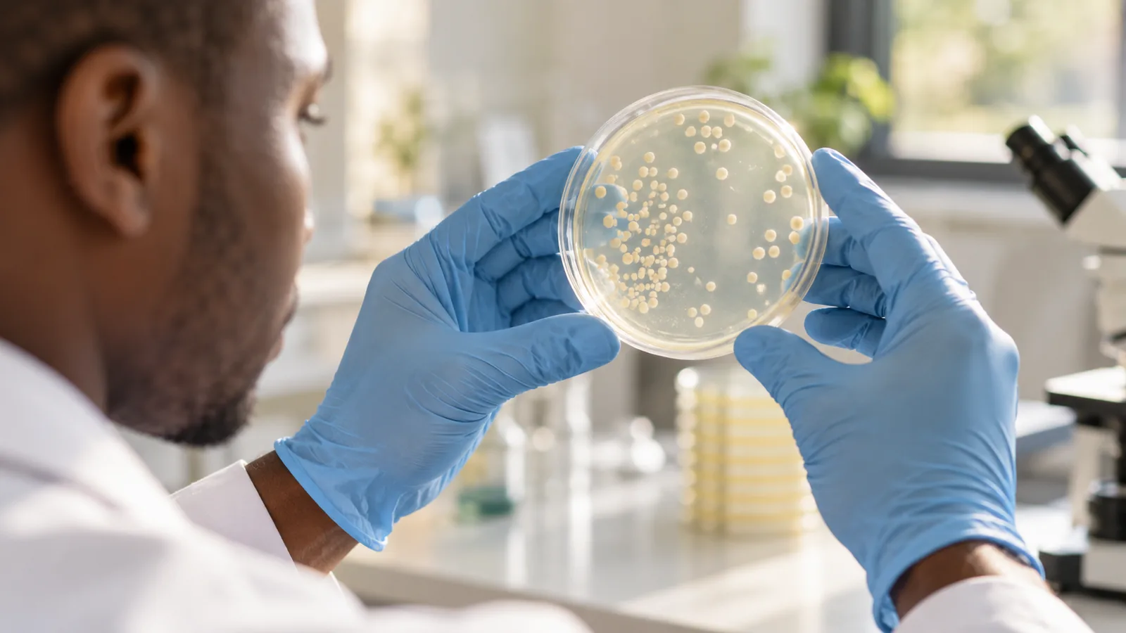 Bacterial colonies visible in a sealed laboratory culture plate
