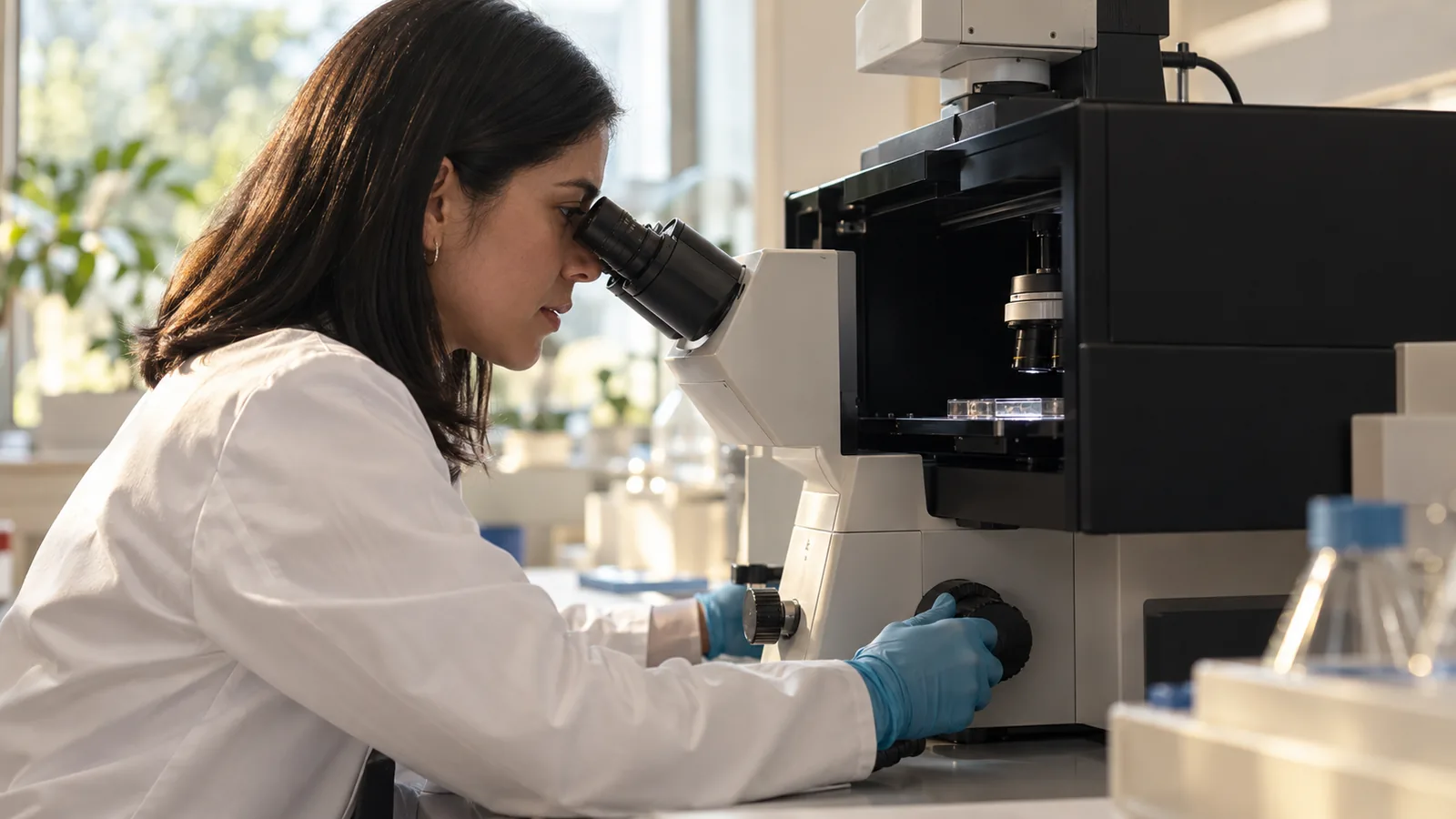 Researcher working with a fluorescence microscope