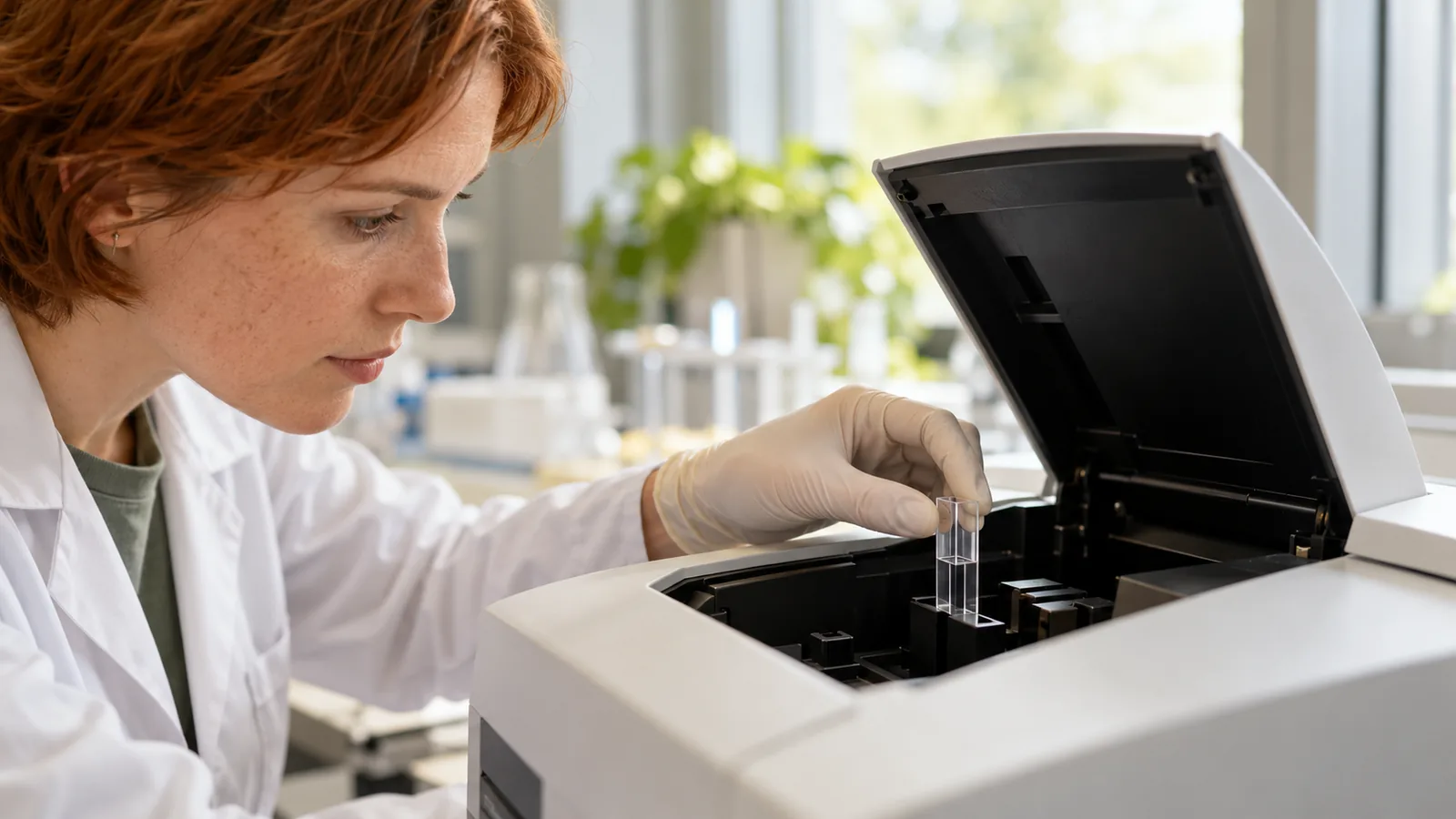 Researcher handling an optical cuvette for biomarker analysis