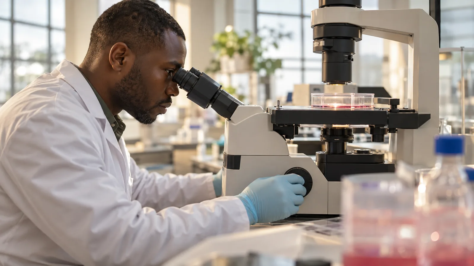 Researcher examining cell cultures for cellular biology research