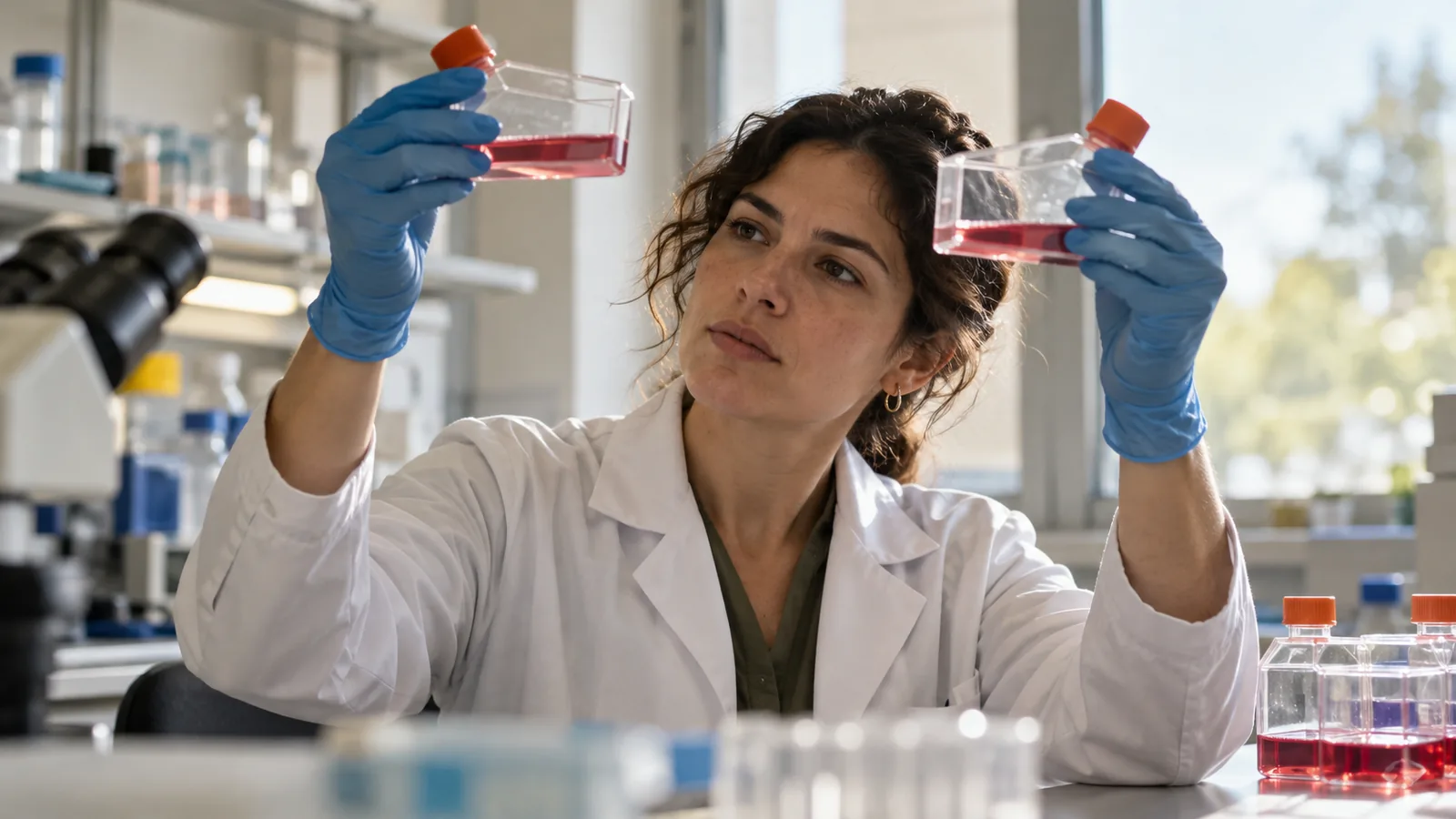 Researcher comparing cell culture flasks