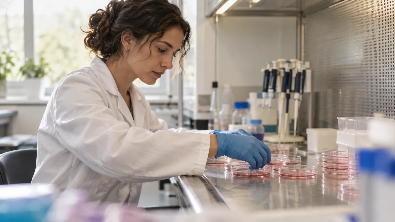 Researcher arranging cell culture dishes on a laboratory bench