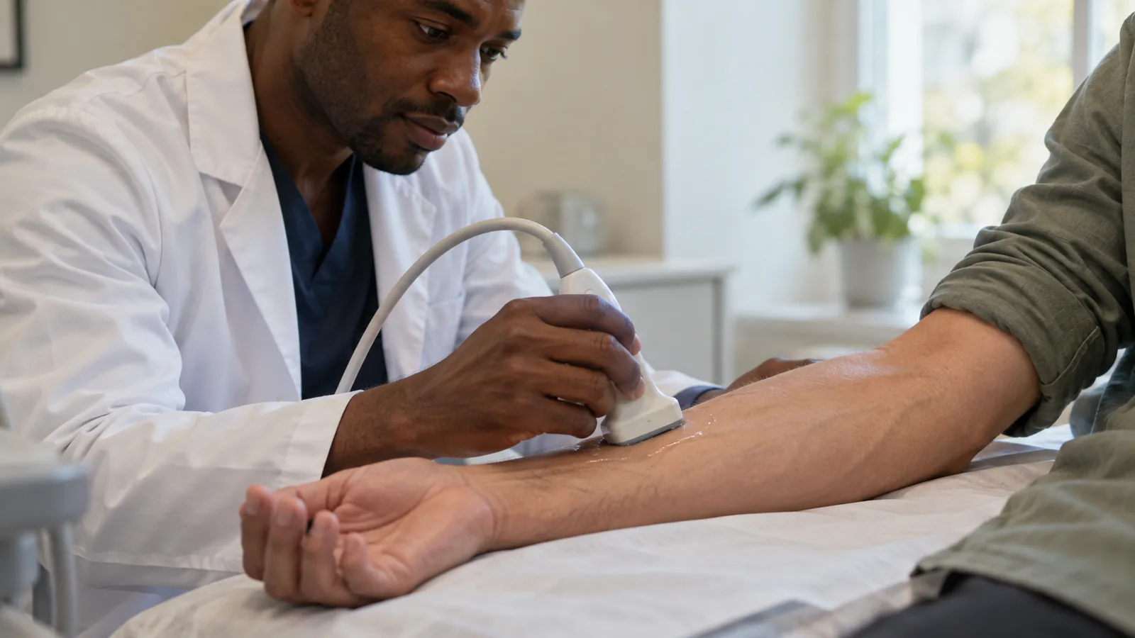 Ultrasound probe positioned on an adult forearm