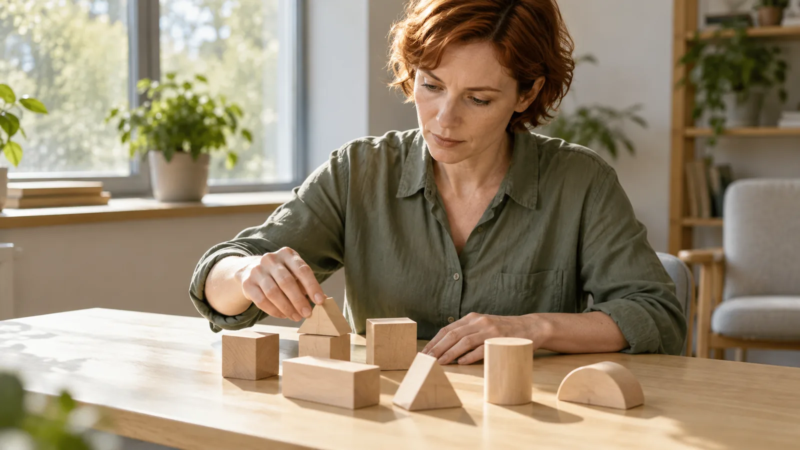 Adult arranging wooden shapes during a cognitive research task