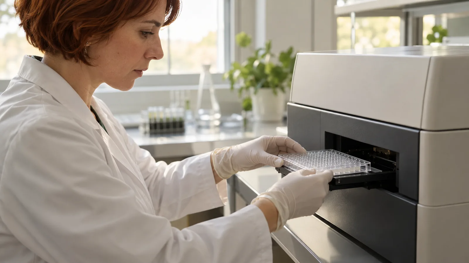 Assay plate positioned inside a laboratory plate reader