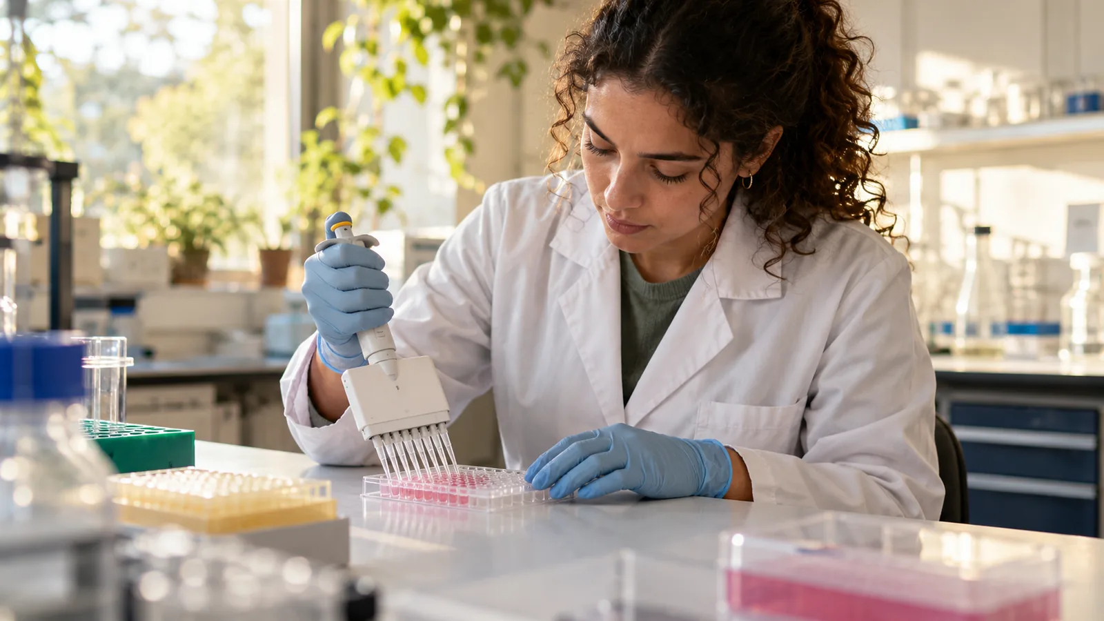 Researcher transferring samples into a multiwell assay plate