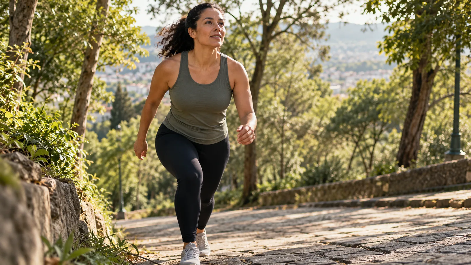 Adult walking uphill on a sunlit trail