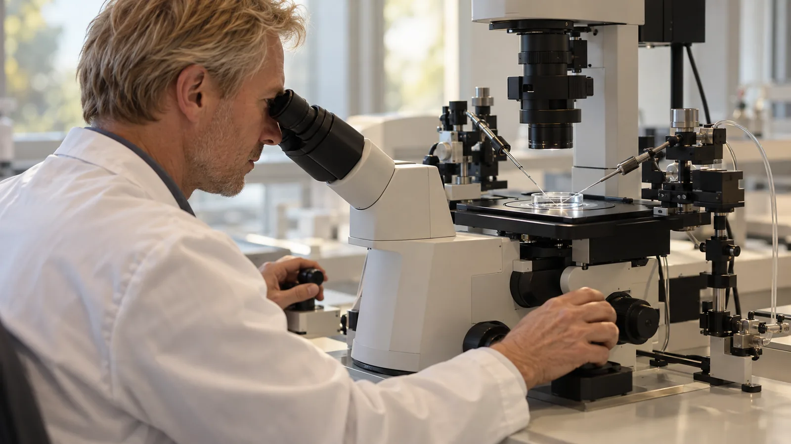 Micromanipulator positioned beside a laboratory culture dish