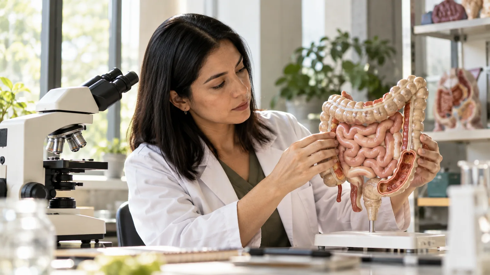 Researcher examining a physical model of the intestine