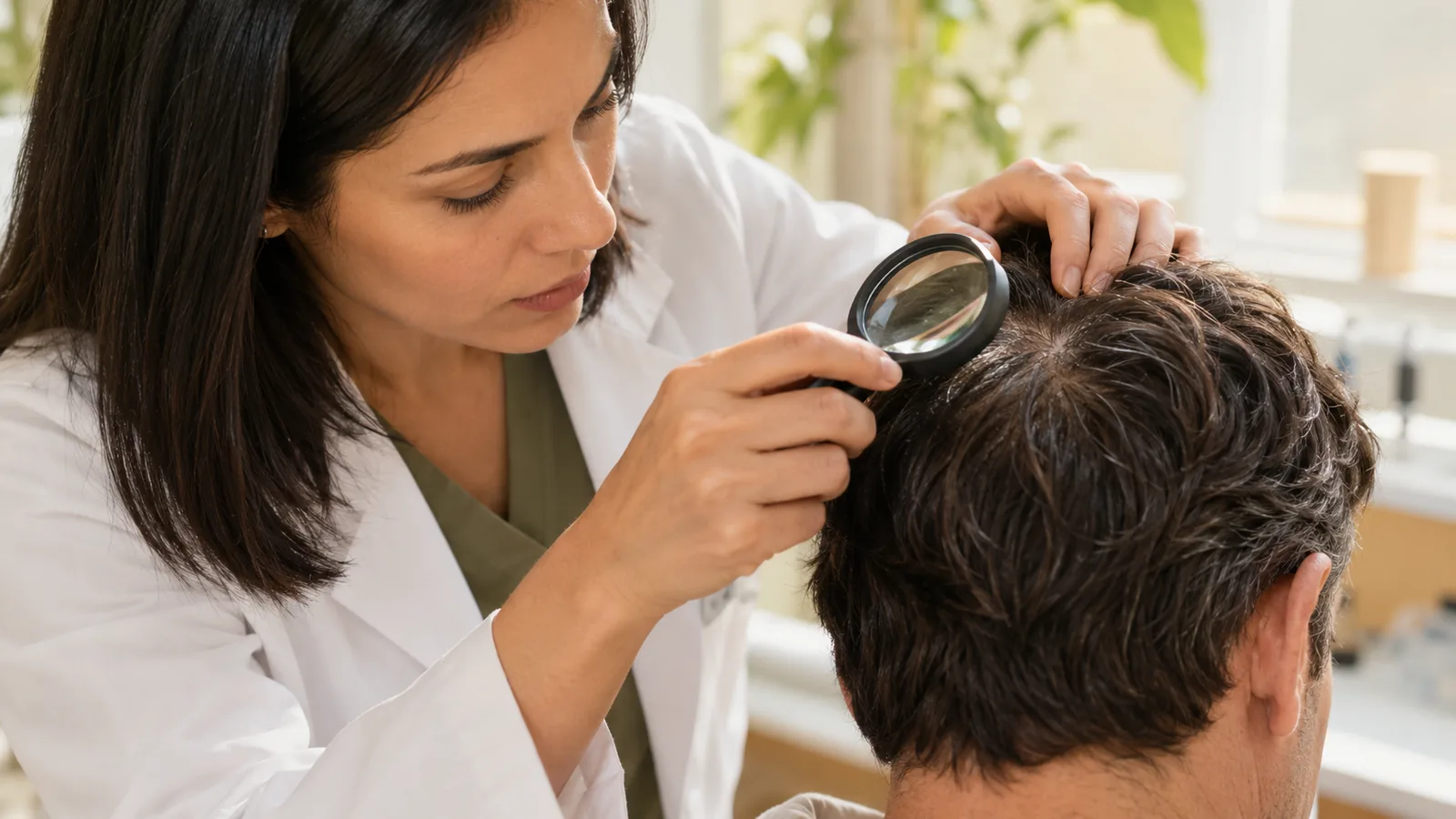 Magnified scalp examination during hair biology research