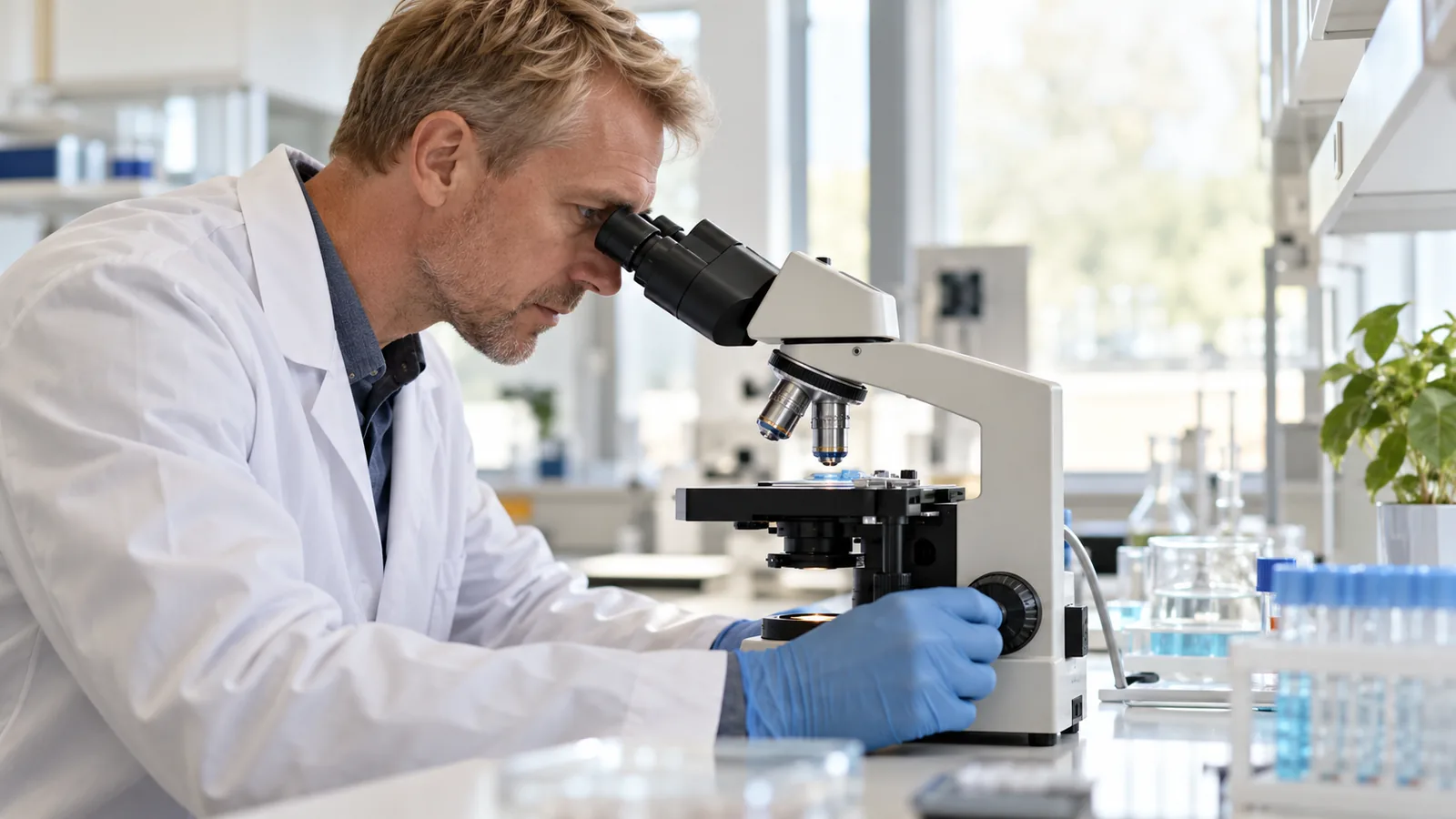 Researcher observing a laboratory sample with a microscope