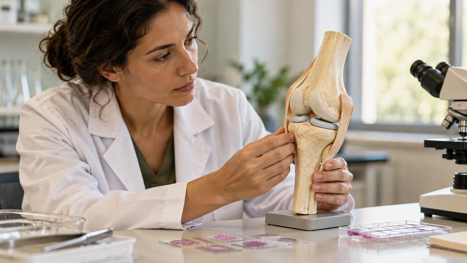 Researcher examining a physical model of a knee joint
