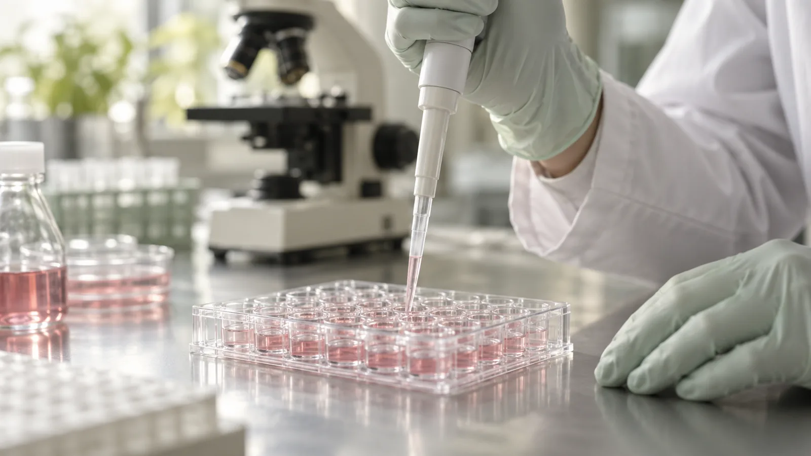 Gloved researcher pipetting culture medium into a multiwell plate