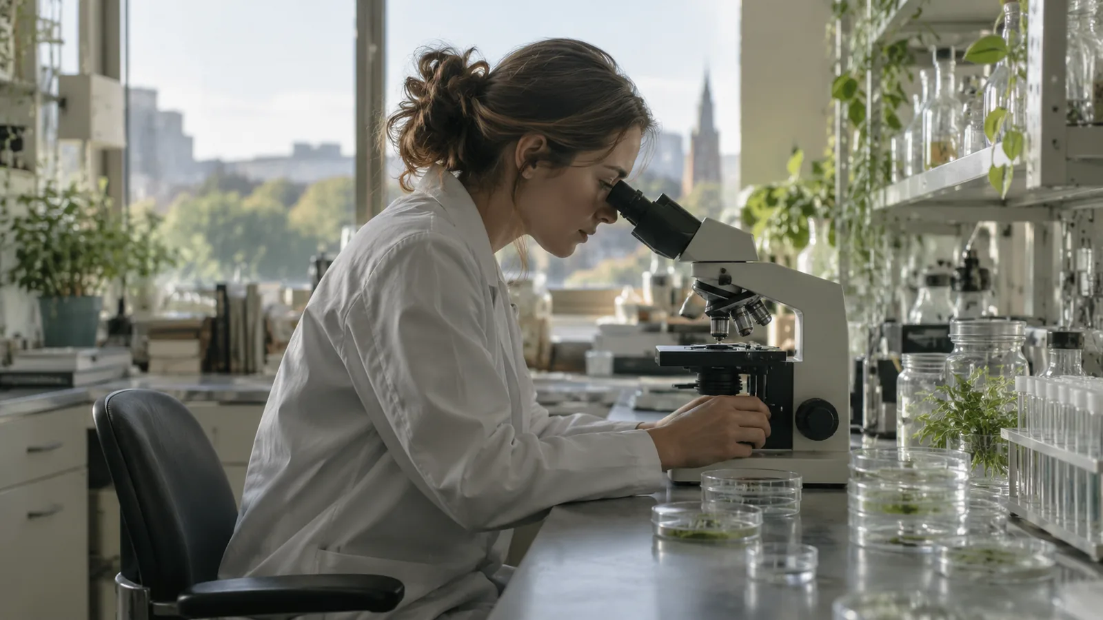 Researcher observing samples through a microscope in a naturally lit laboratory