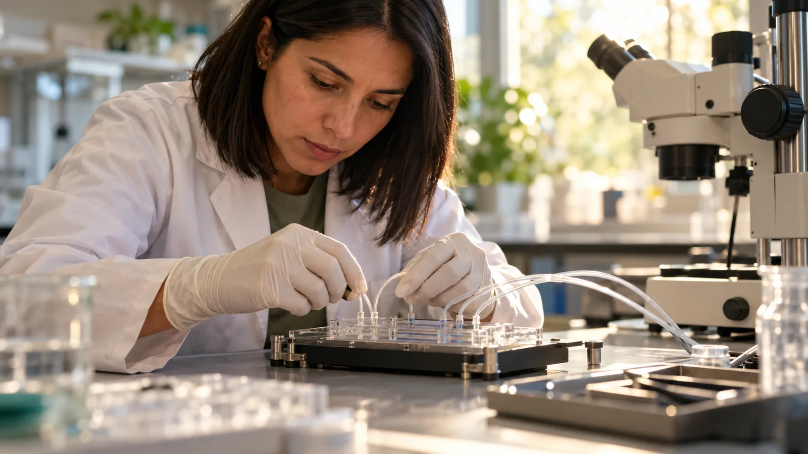 Microfluidic chip and fine tubing on a laboratory bench