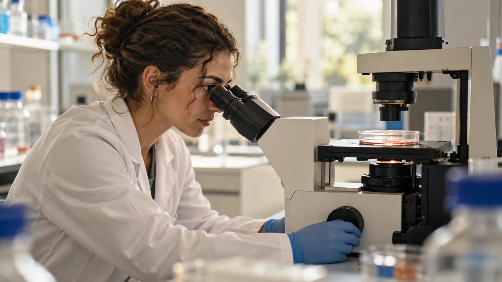 Researcher examining cell cultures with an inverted microscope