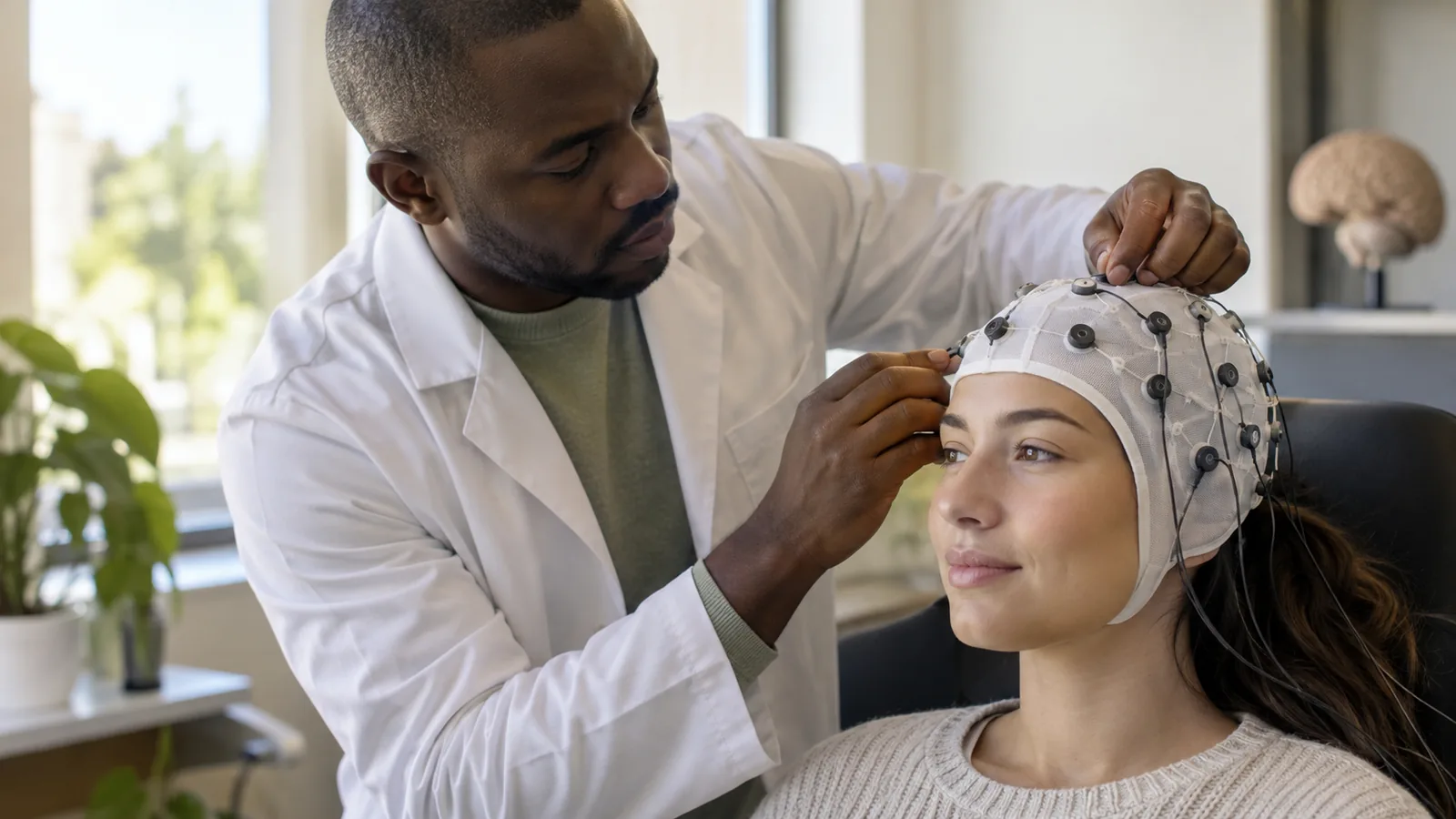Adult wearing an EEG cap during a neuroscience assessment