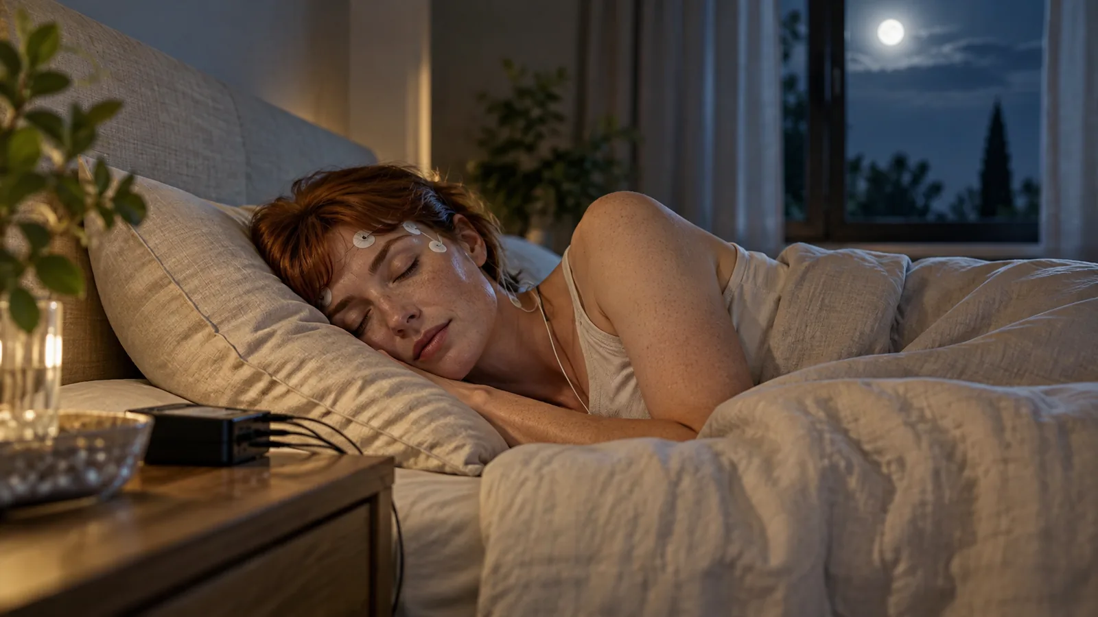 Adult sleeping in a softly moonlit bedroom
