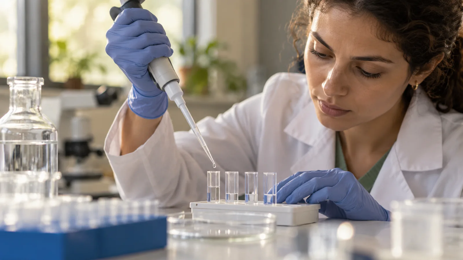 Researcher preparing optical cuvettes for laboratory analysis