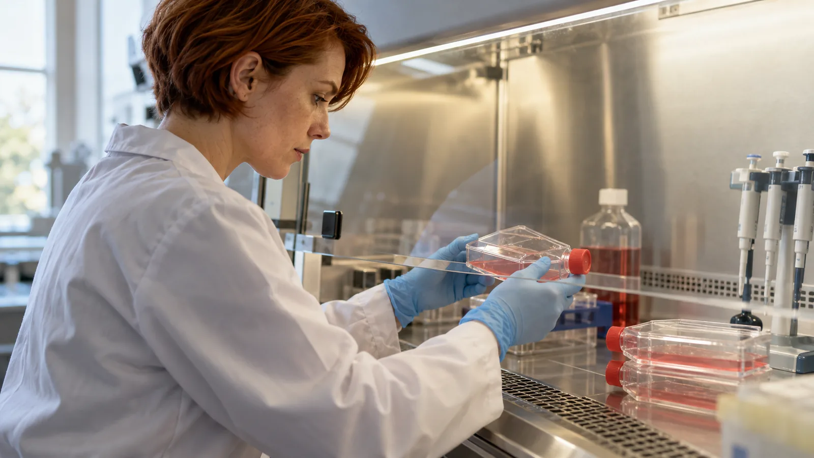 Researcher working inside a biosafety cabinet