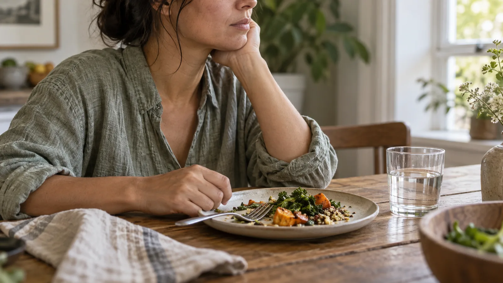 An adult pauses during a meal beside a plate of vegetables and grains