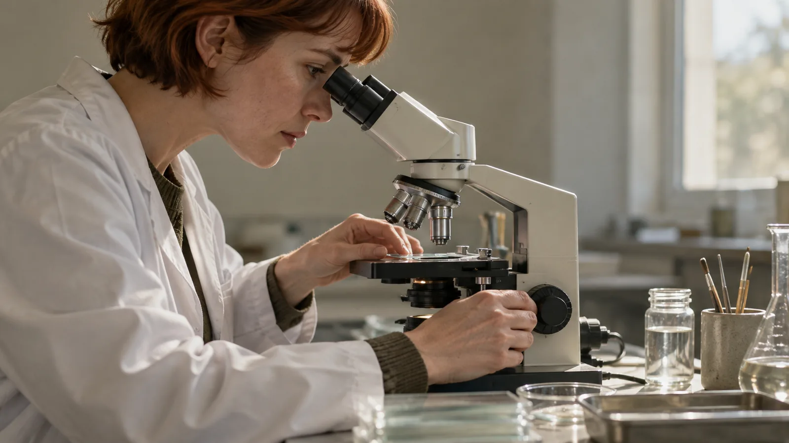 Researcher examining a histology slide through a laboratory microscope