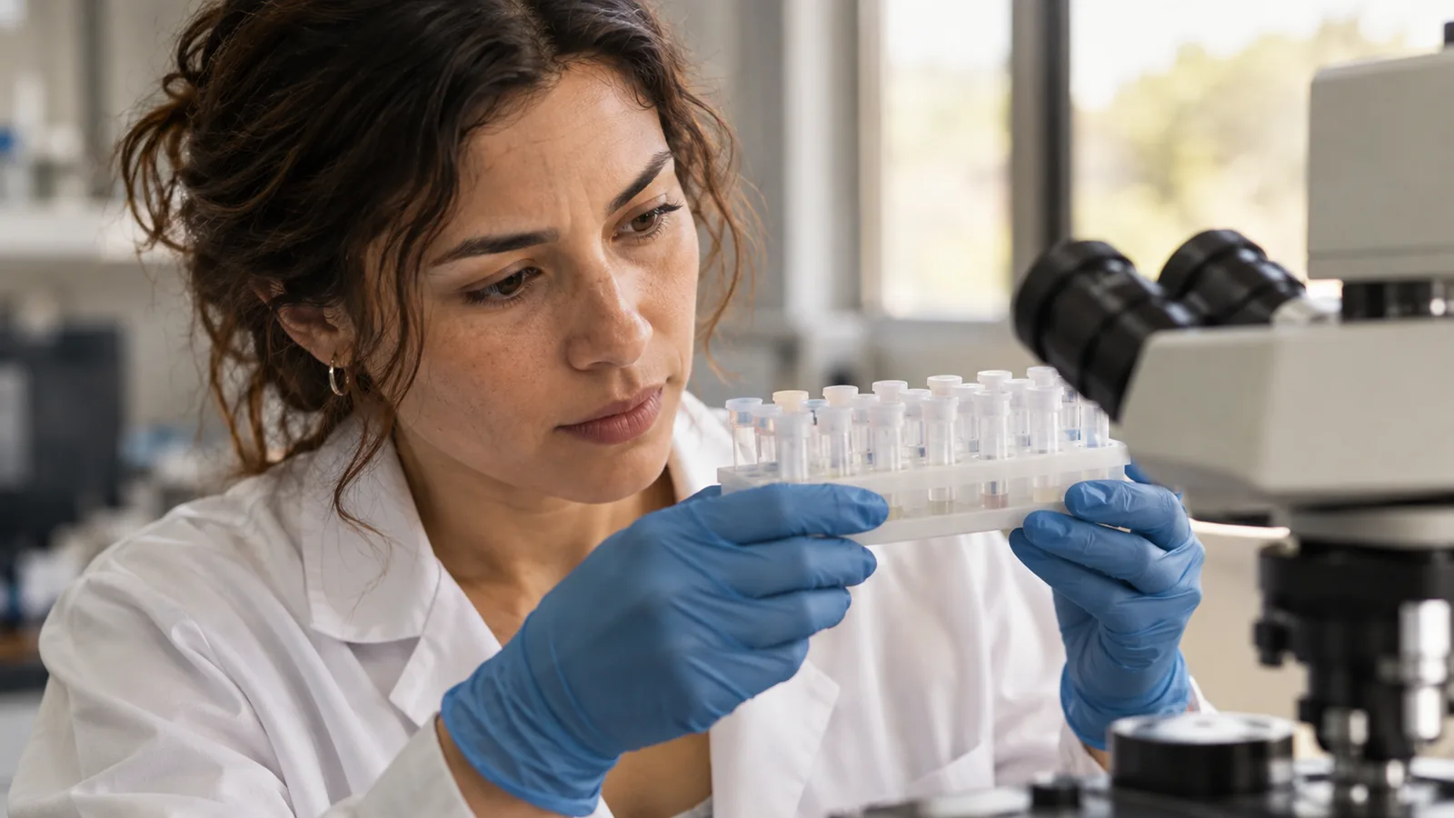 Researcher inspecting a rack of laboratory sample tubes