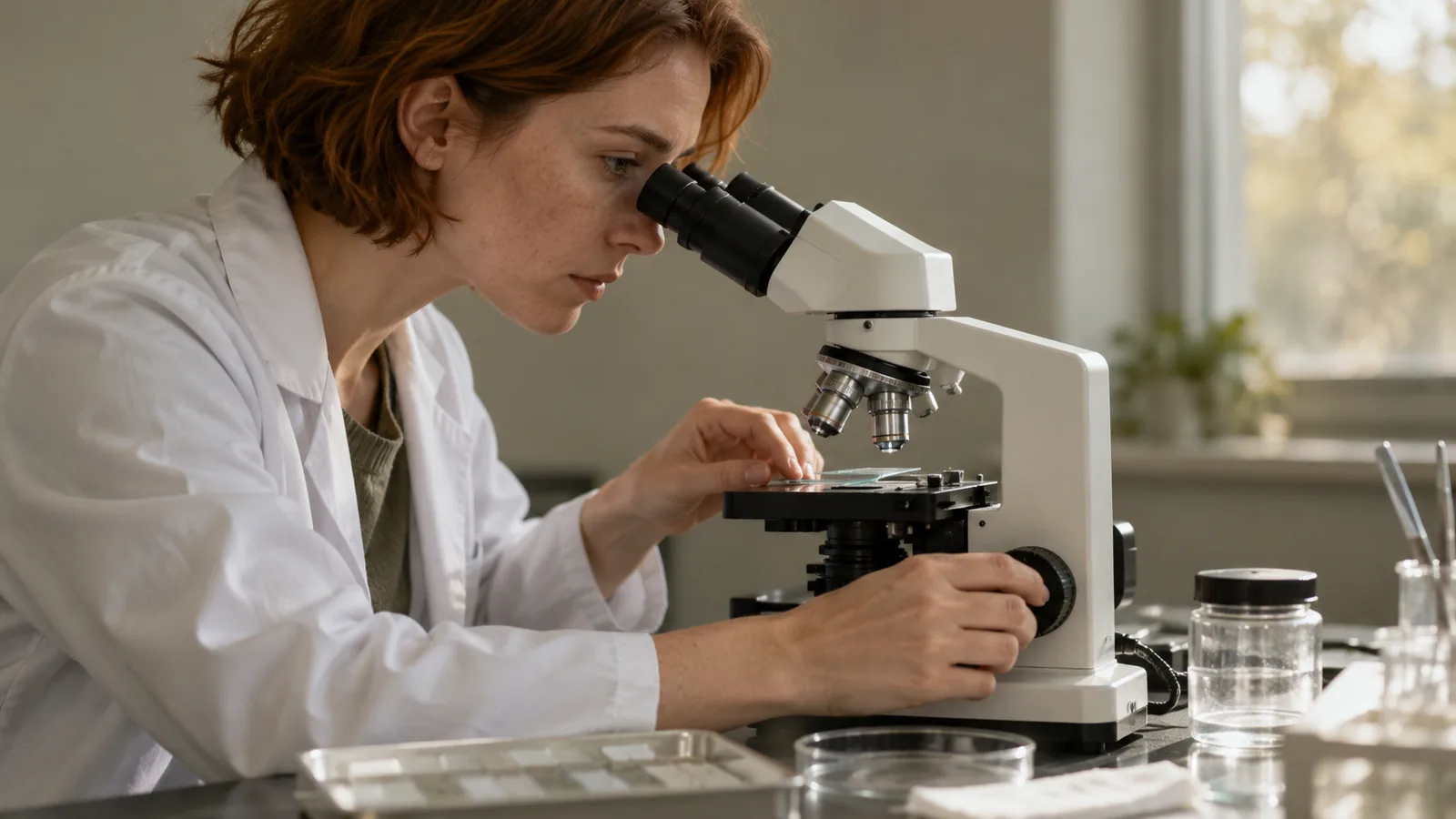 Researcher examining a histology slide through a laboratory microscope