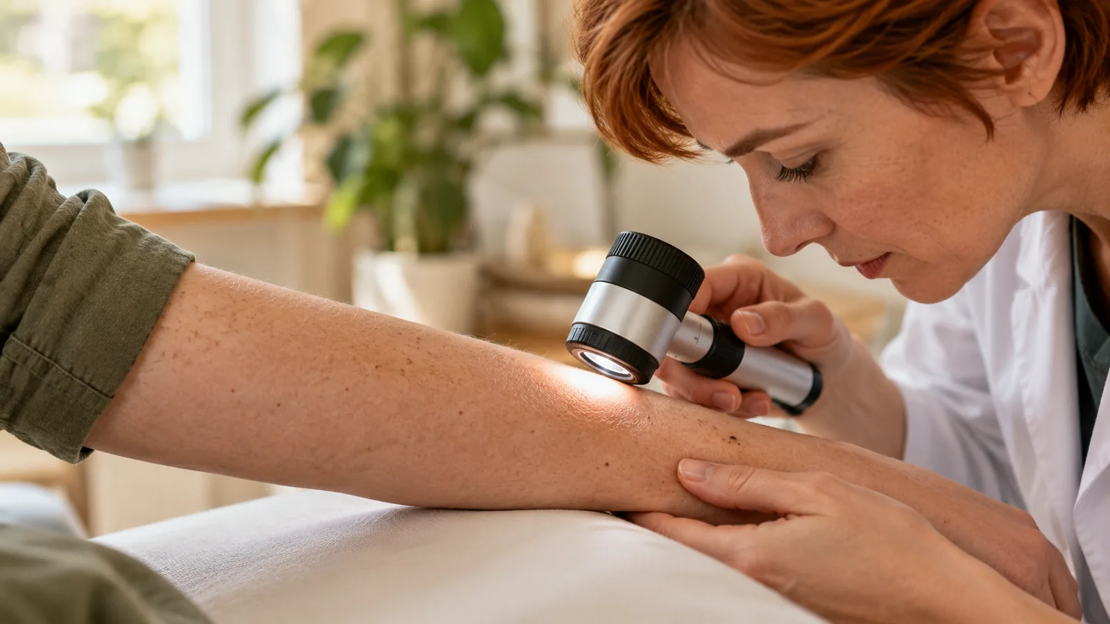 Dermatoscope positioned above an adult forearm
