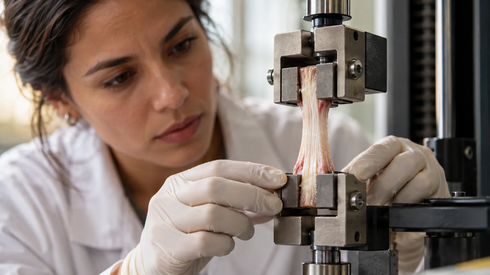 Tendon specimen held in a mechanical testing clamp