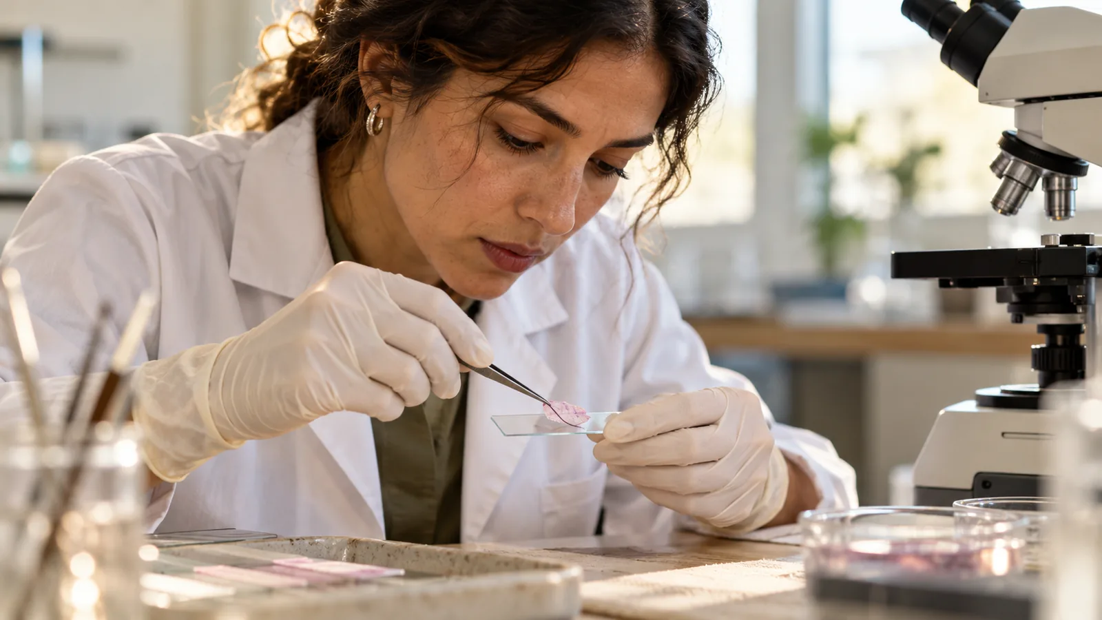 Researcher preparing a tissue slide for microscopy