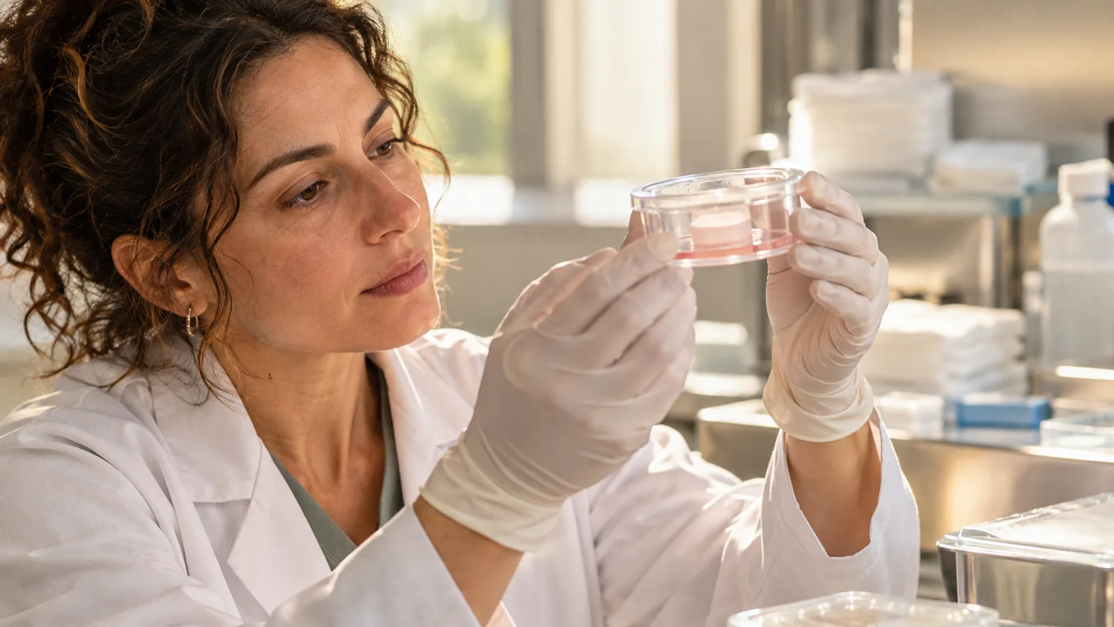 Researcher examining a tissue culture insert